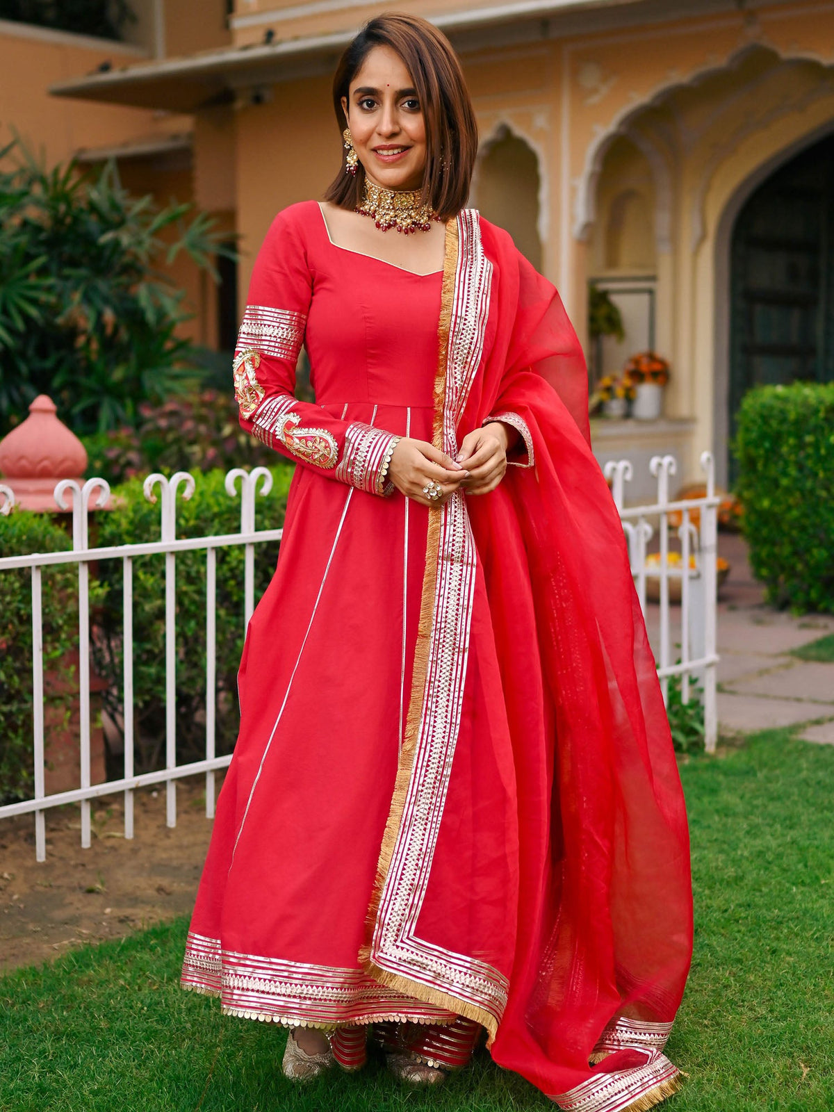 Red Paisley Gota Anarkali Set