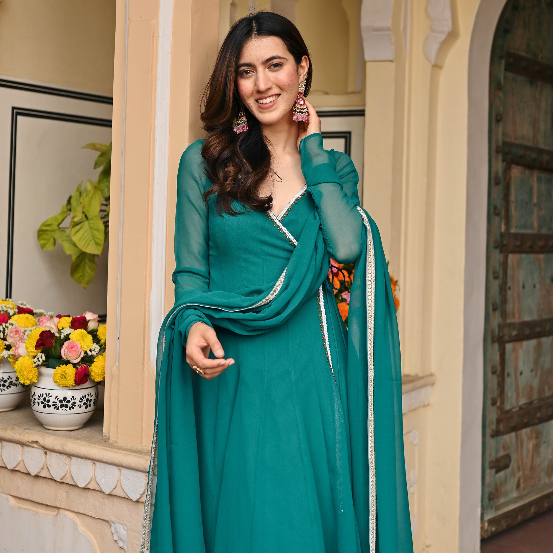 Teal Blue Georgette Angrakhaa Set