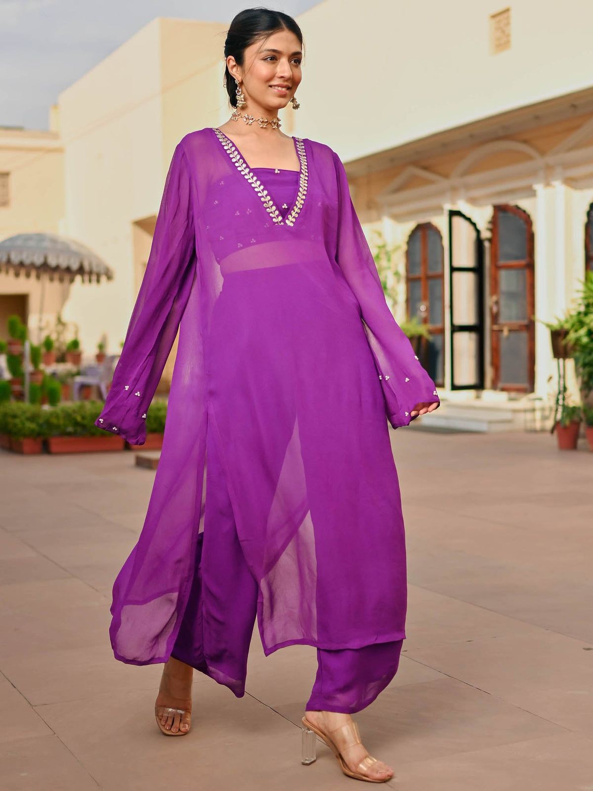 PURPLE GEORGETTE KAFTAN AND PALAZZO SET