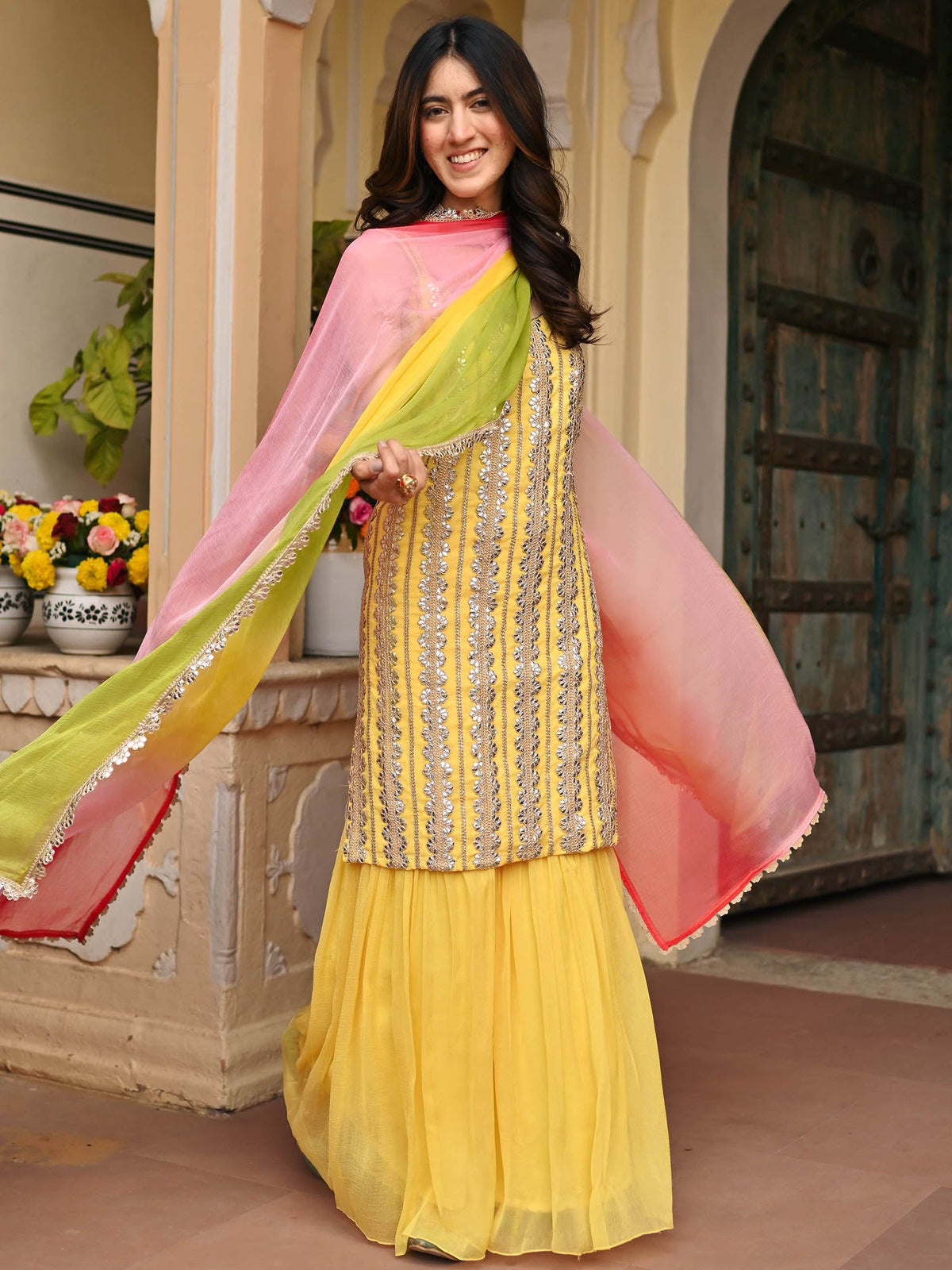 Yellow Pure Chiffon Sharara Set