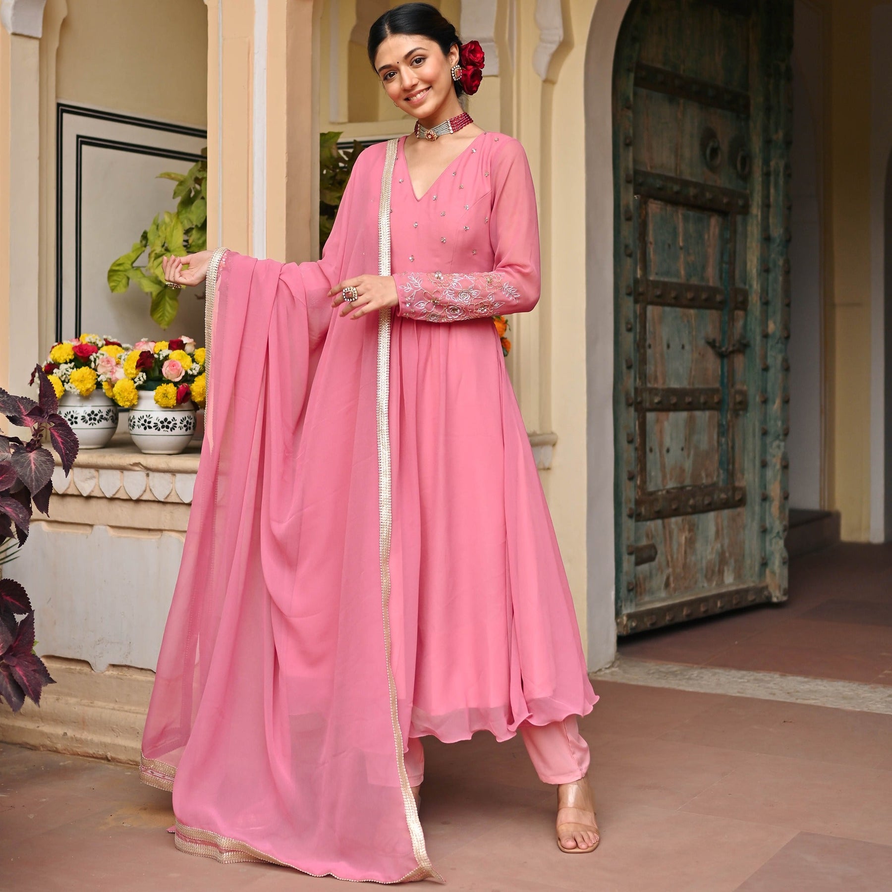 Pink Georgette Handwork Anarkali Set