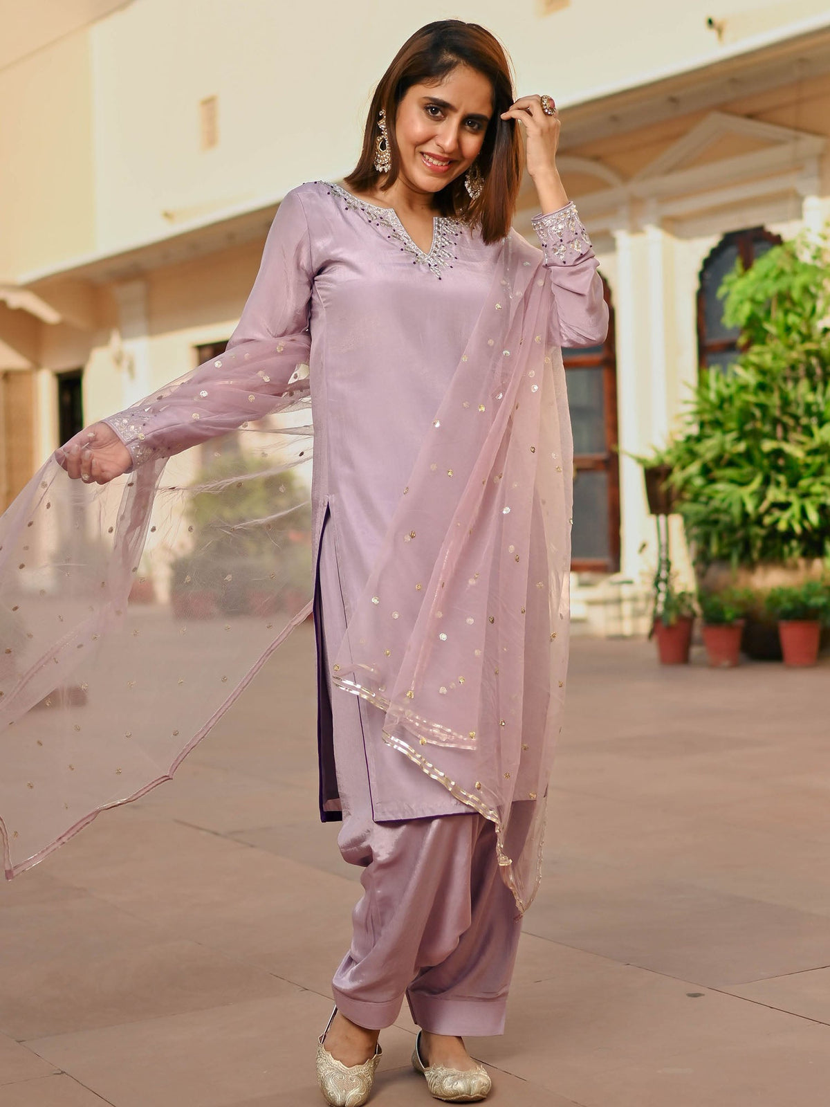 MAUVE SILK KURTA AND SEMI PATIALA SET