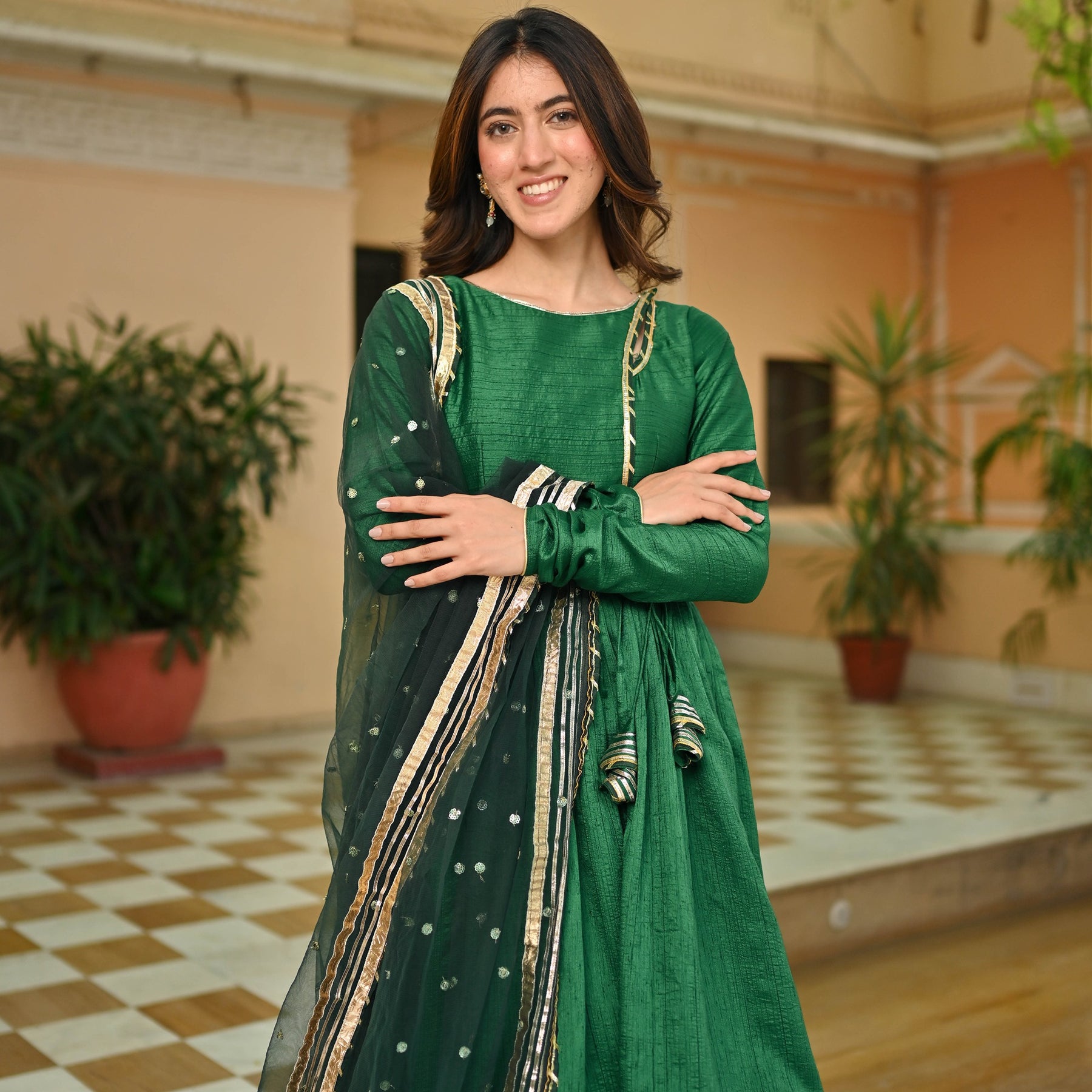 Dark Green Silk Anarkali set