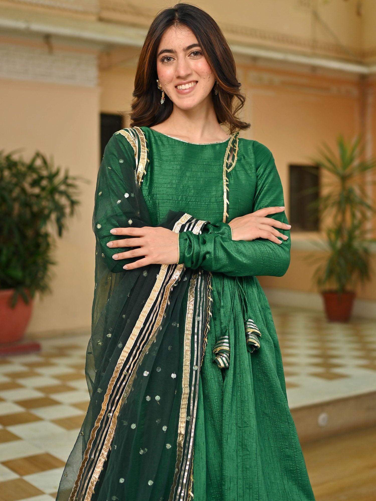 Dark Green Silk Anarkali set