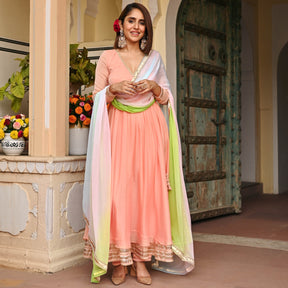 Chiffon Angrakha Peach Anarkali Set