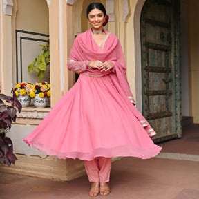 Pink Georgette Handwork Anarkali Set