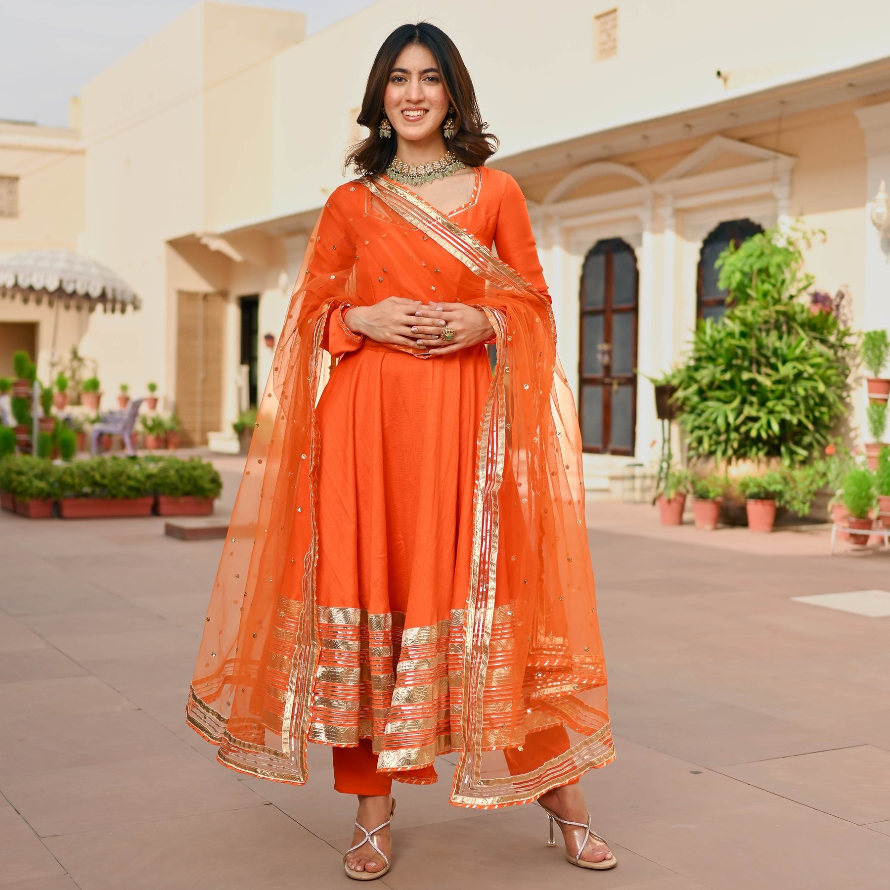 Orange Silk Anarkali set