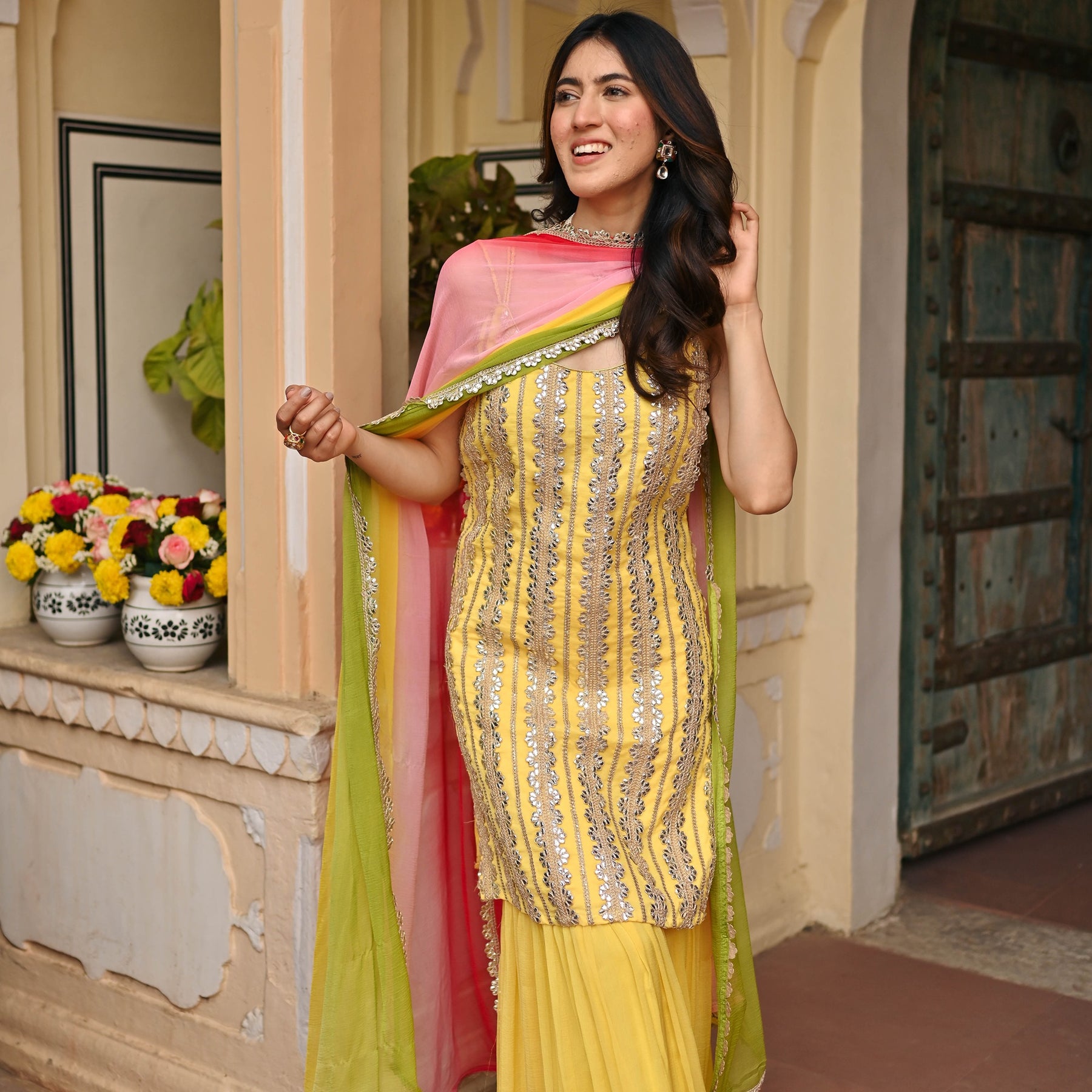 Yellow Pure Chiffon Sharara Set