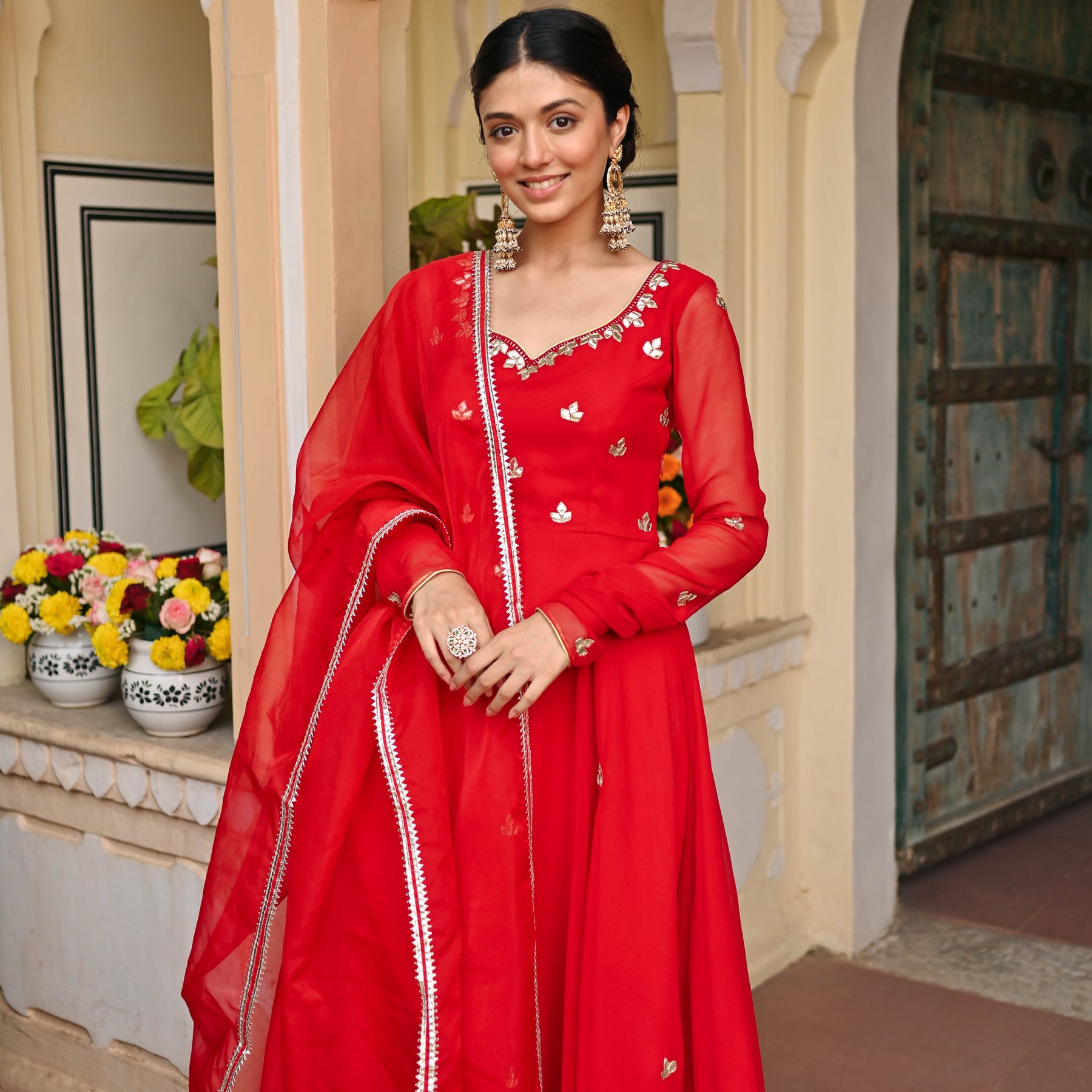 RED GEORGETTE HANDWORK ANARKALI SET