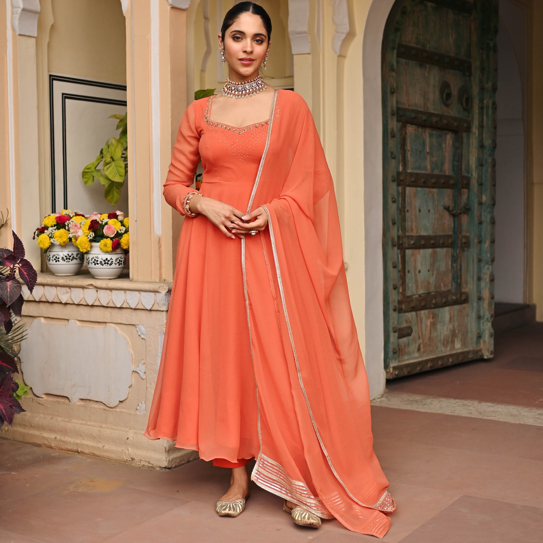 Coral Handwork Georgette Anarkali Set