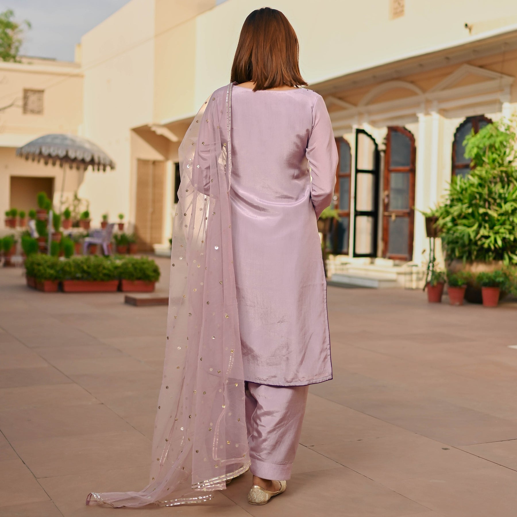 MAUVE SILK KURTA AND SEMI PATIALA SET