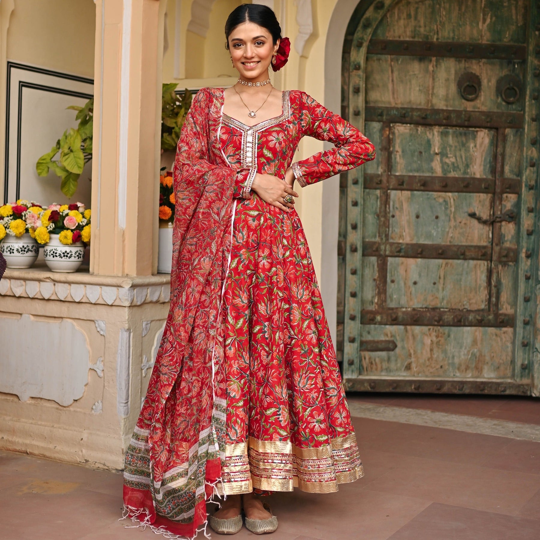 Red Handblock Printed Anarkali Set