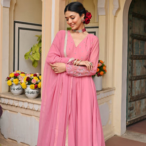 Pink Georgette Handwork Anarkali Set