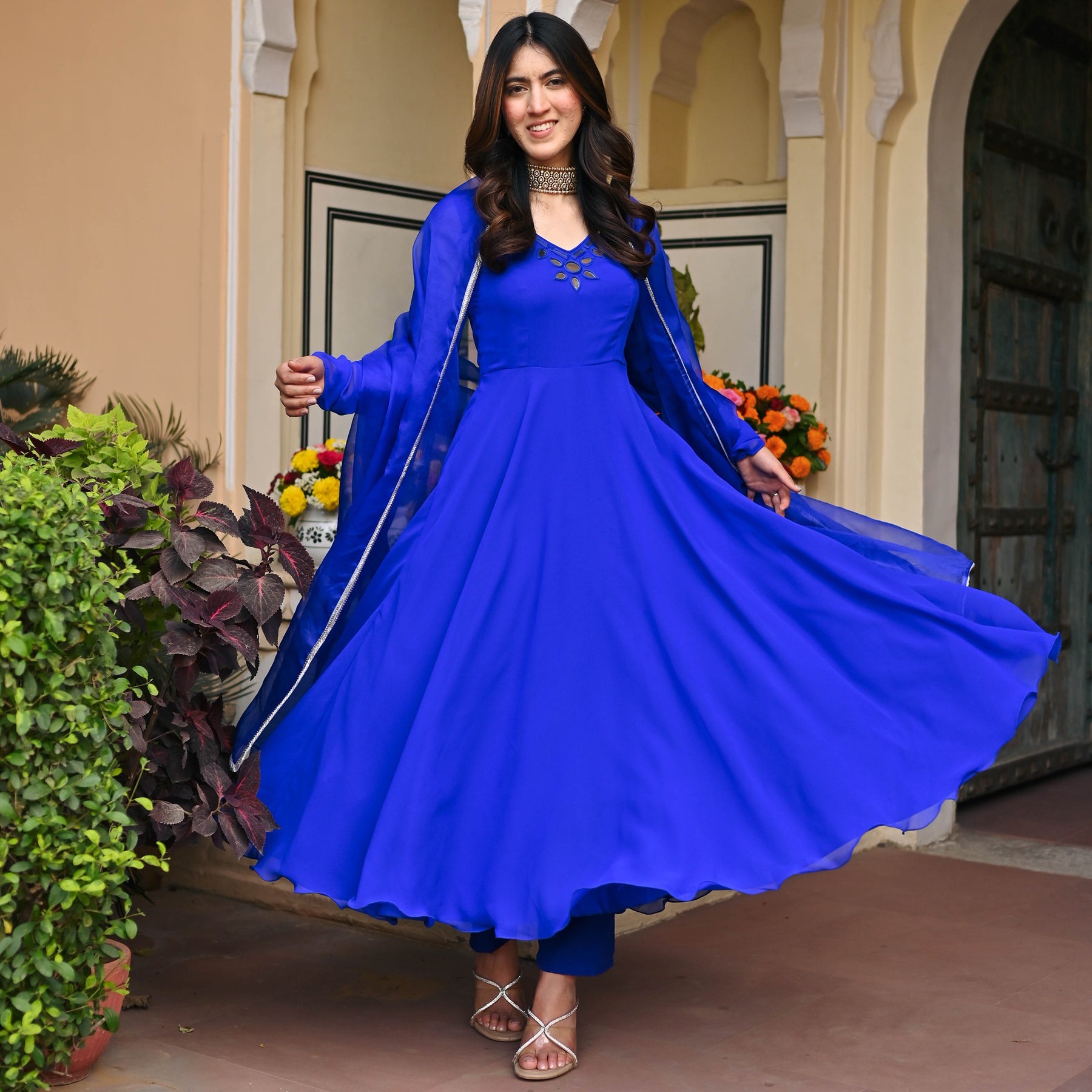 Eletric Blue Mirror Anarkali Set