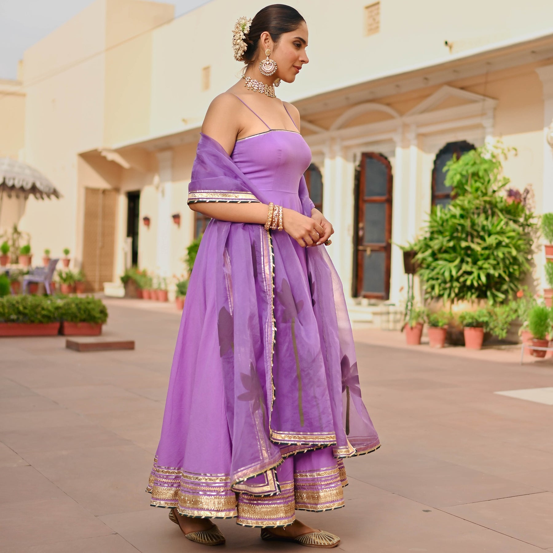 Purple Handbrush Cotton Anarkali Set