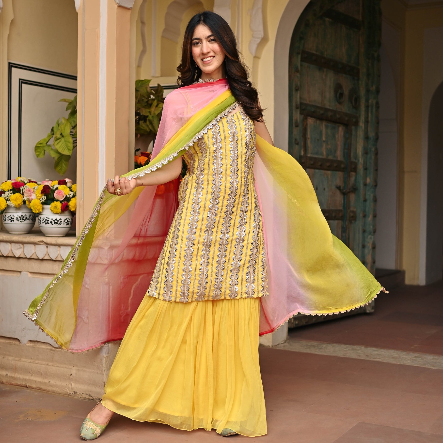 Yellow Pure Chiffon Sharara Set