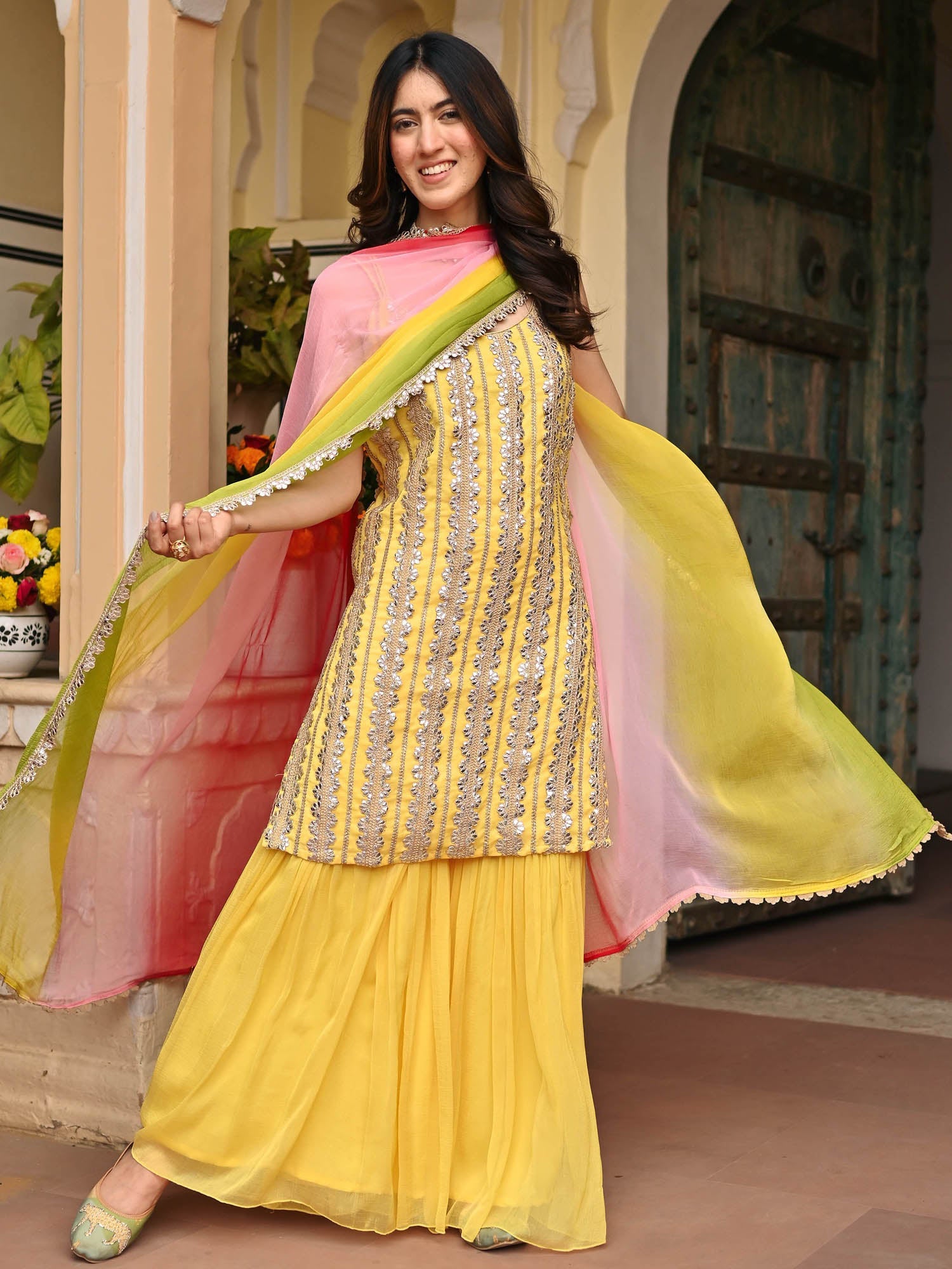 Yellow Pure Chiffon Sharara Set