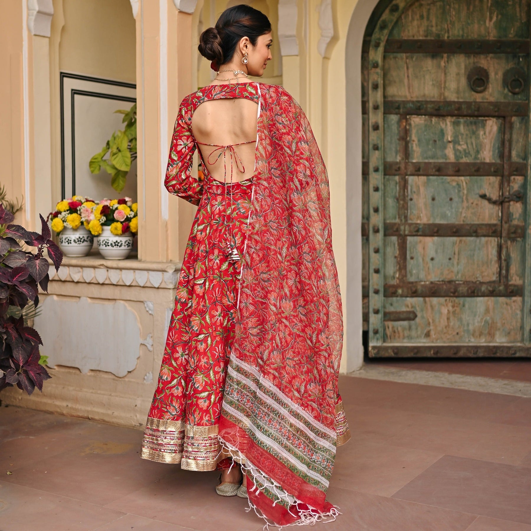 Red Handblock Printed Anarkali Set