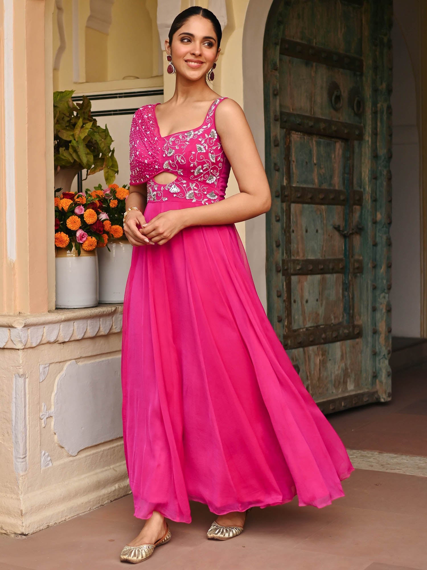 Pink Chiffon Handwork Gown