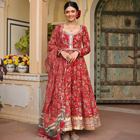 Red Handblock Printed Anarkali Set