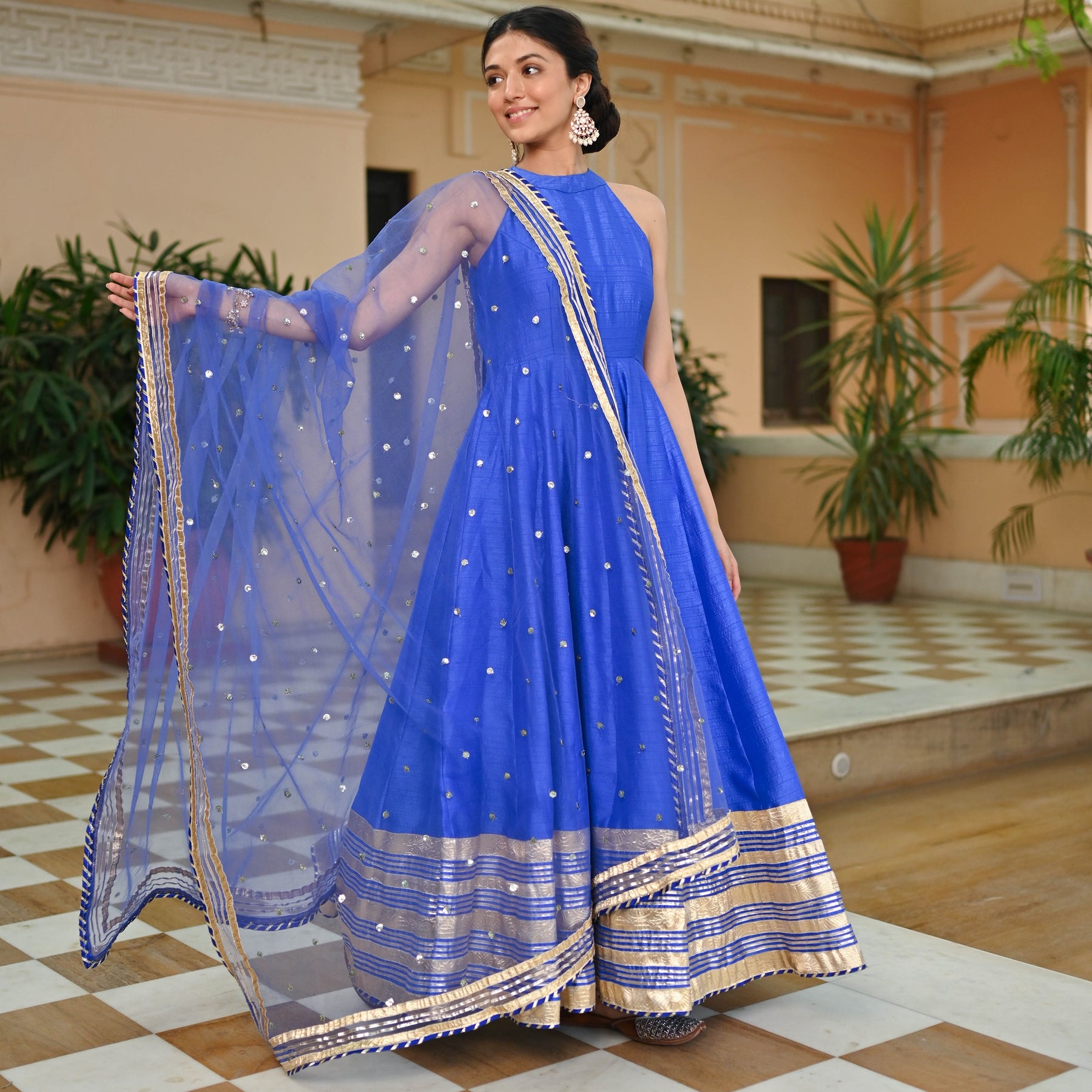 Blue Silk Anarkali Set