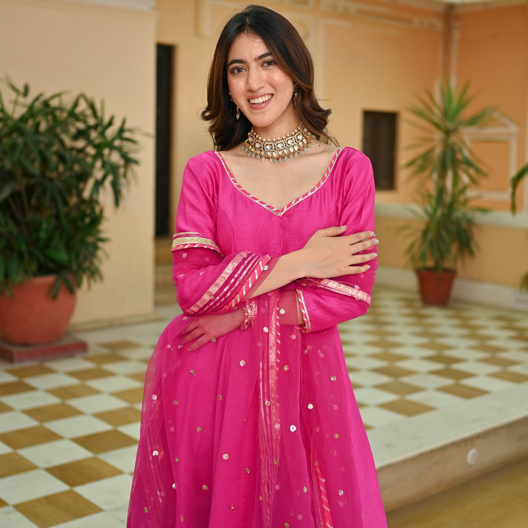 Pink Silk Gotta Anarkali Set