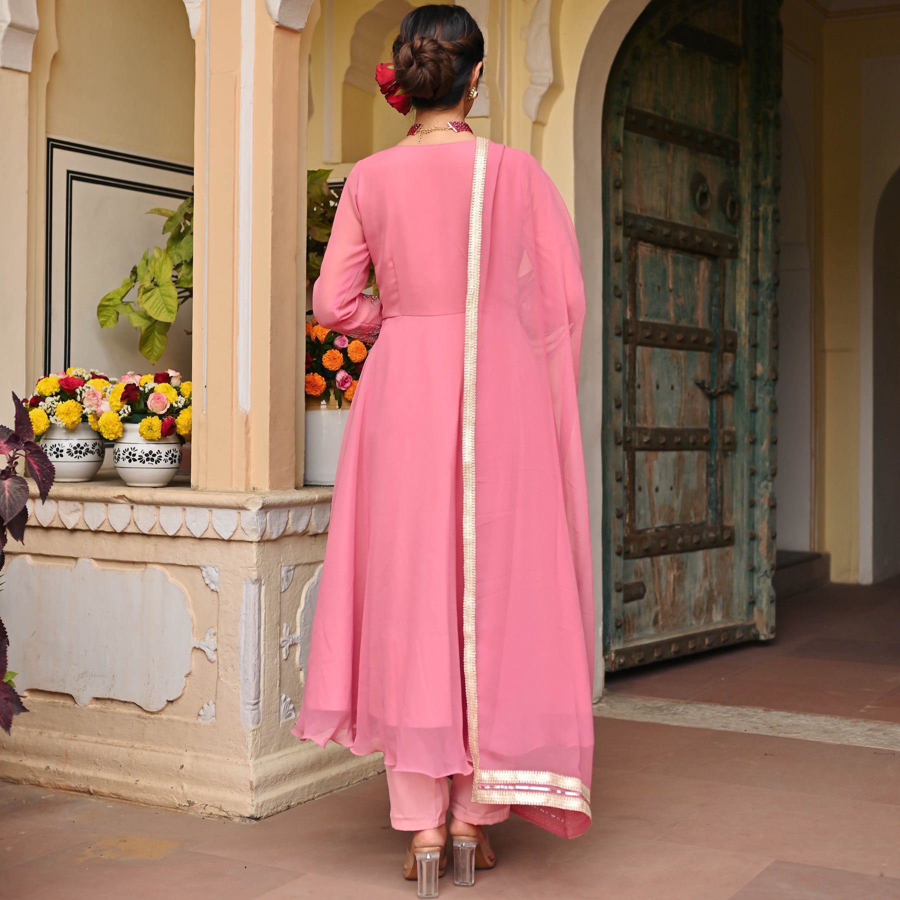 Pink Georgette Handwork Anarkali Set