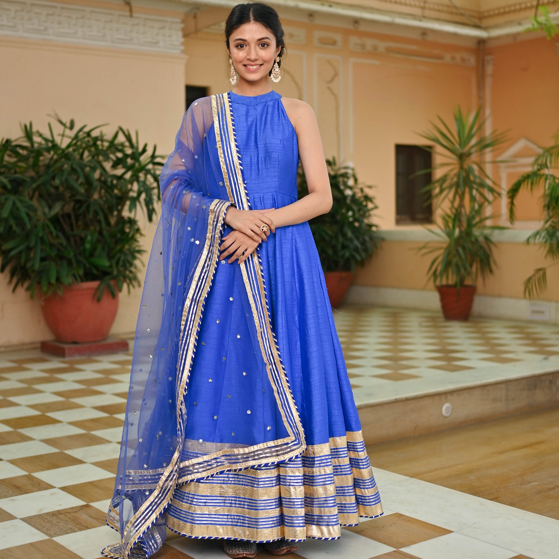 Blue Silk Anarkali Set