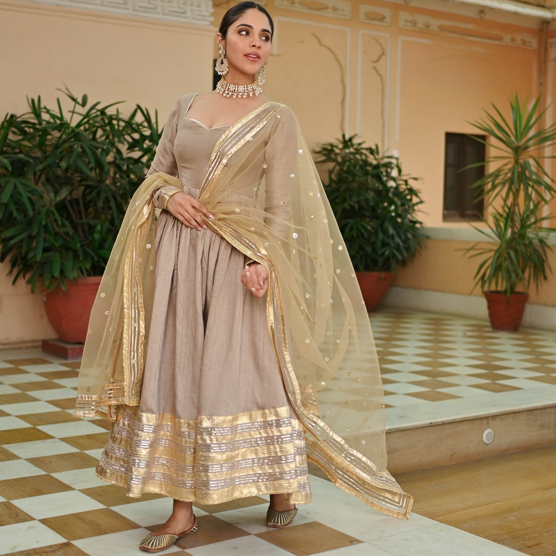 Beige Gold Silk Anarkali set