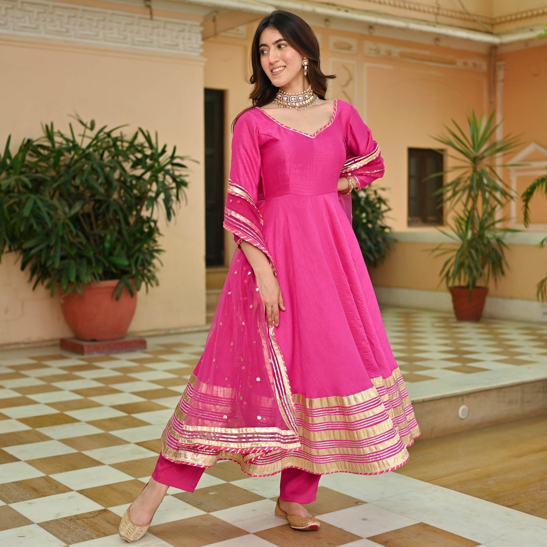 Pink Silk Gotta Anarkali Set