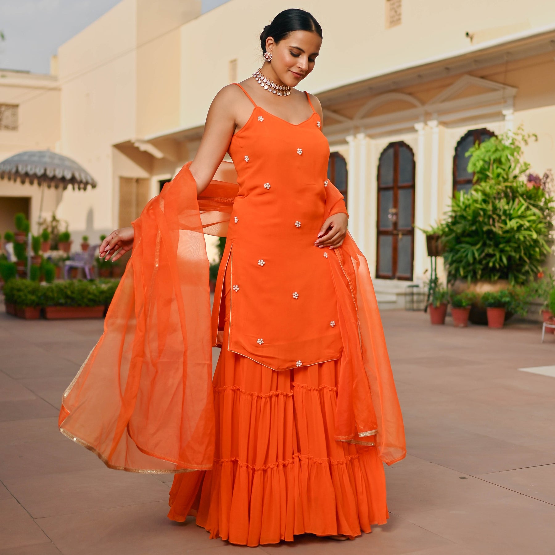 ORANGE GEORGETTE KURTA AND SHARARA SET