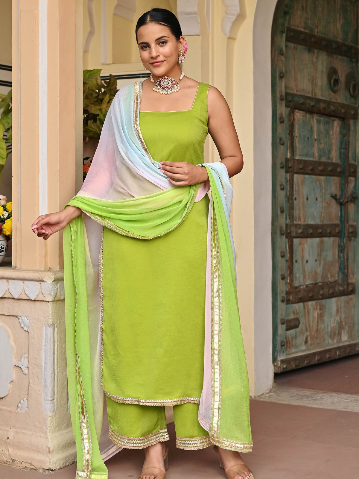 Parrot Green Chiffon Kurta Set