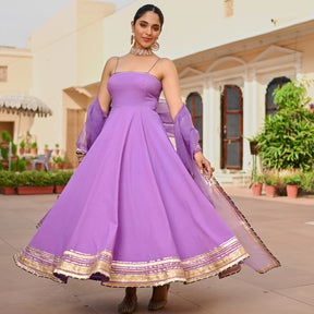 Purple Handbrush Cotton Anarkali Set