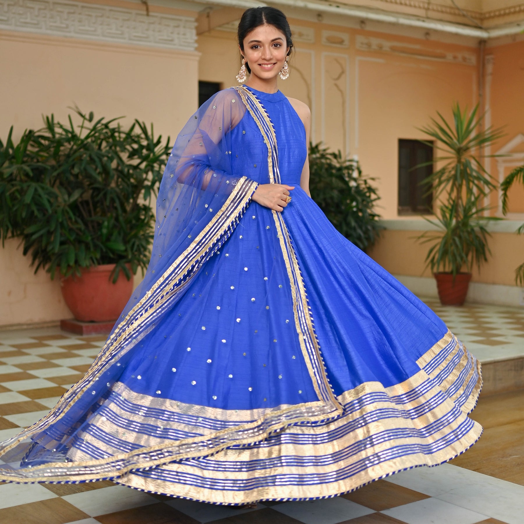 Blue Silk Anarkali Set