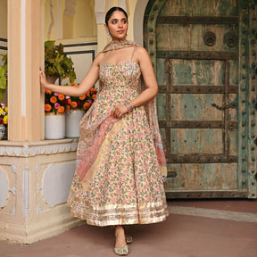 Yellow Handblock Printed Anarkali Set