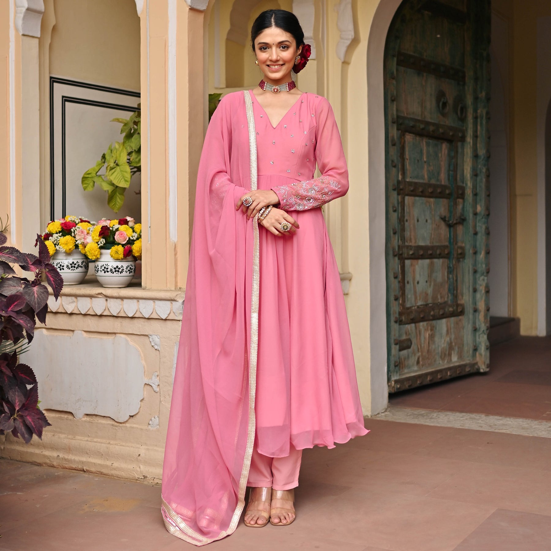 Pink Georgette Handwork Anarkali Set