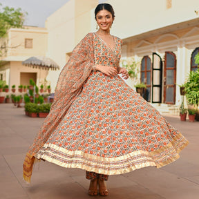 Beige Printed Handblock Anarkali Set