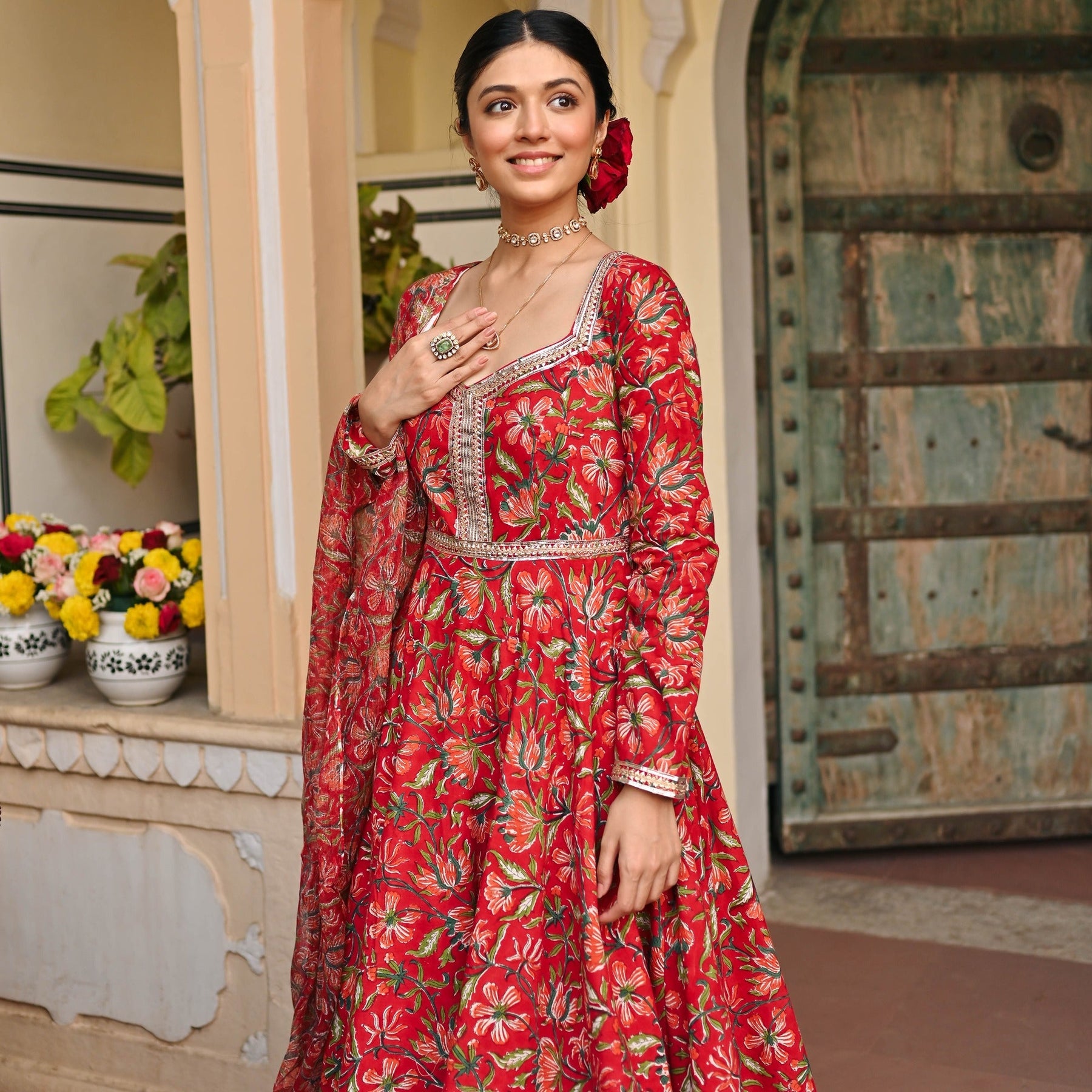 Red Handblock Printed Anarkali Set