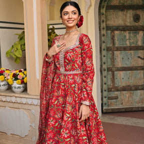 Red Handblock Printed Anarkali Set