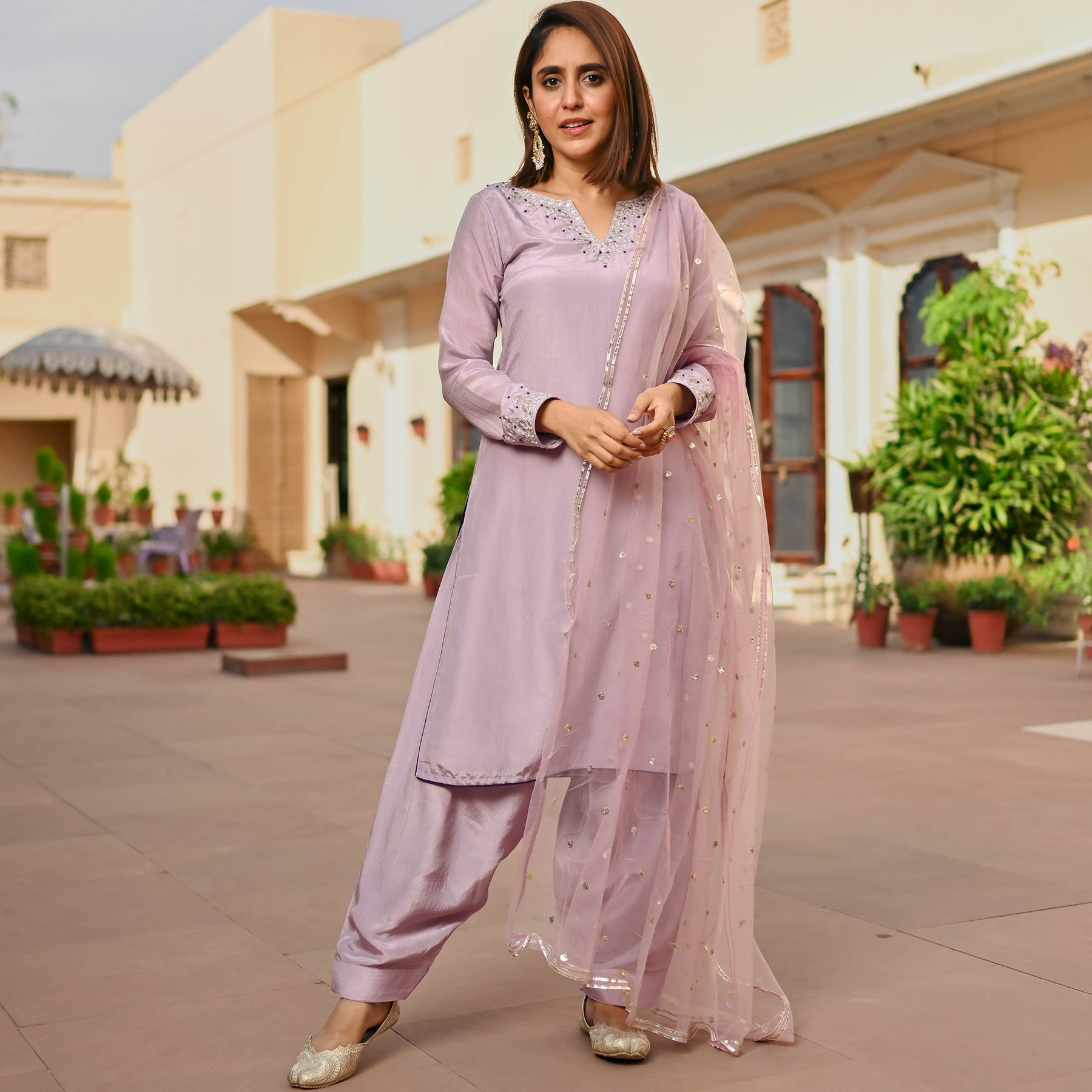 MAUVE SILK KURTA AND SEMI PATIALA SET