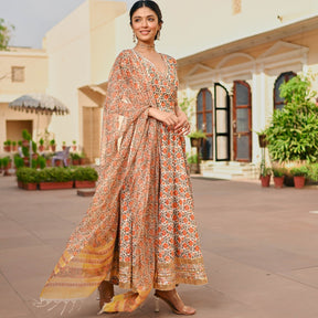 Beige Printed Handblock Anarkali Set