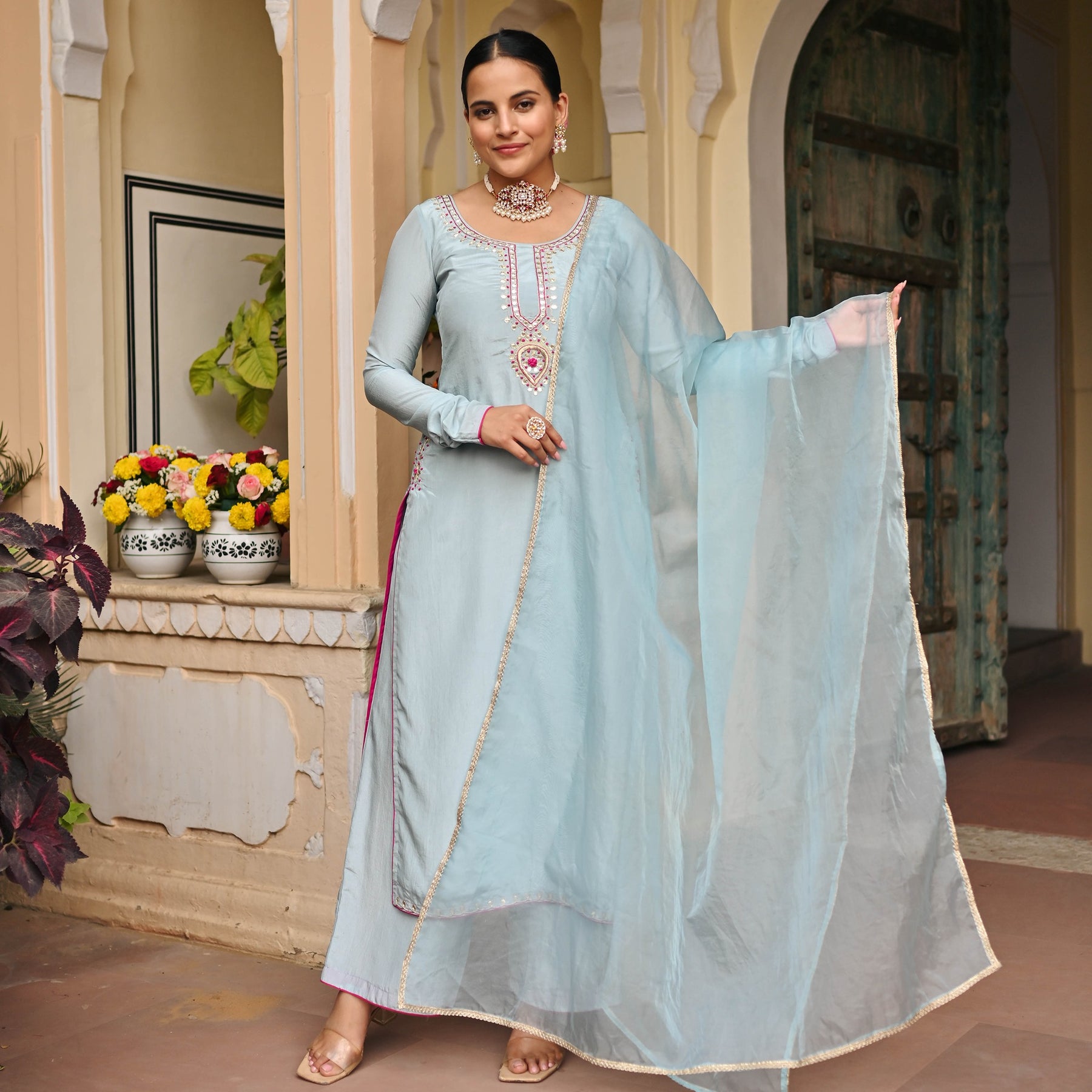 SKY BLUE SILK KURTA AND PALAZZO SET