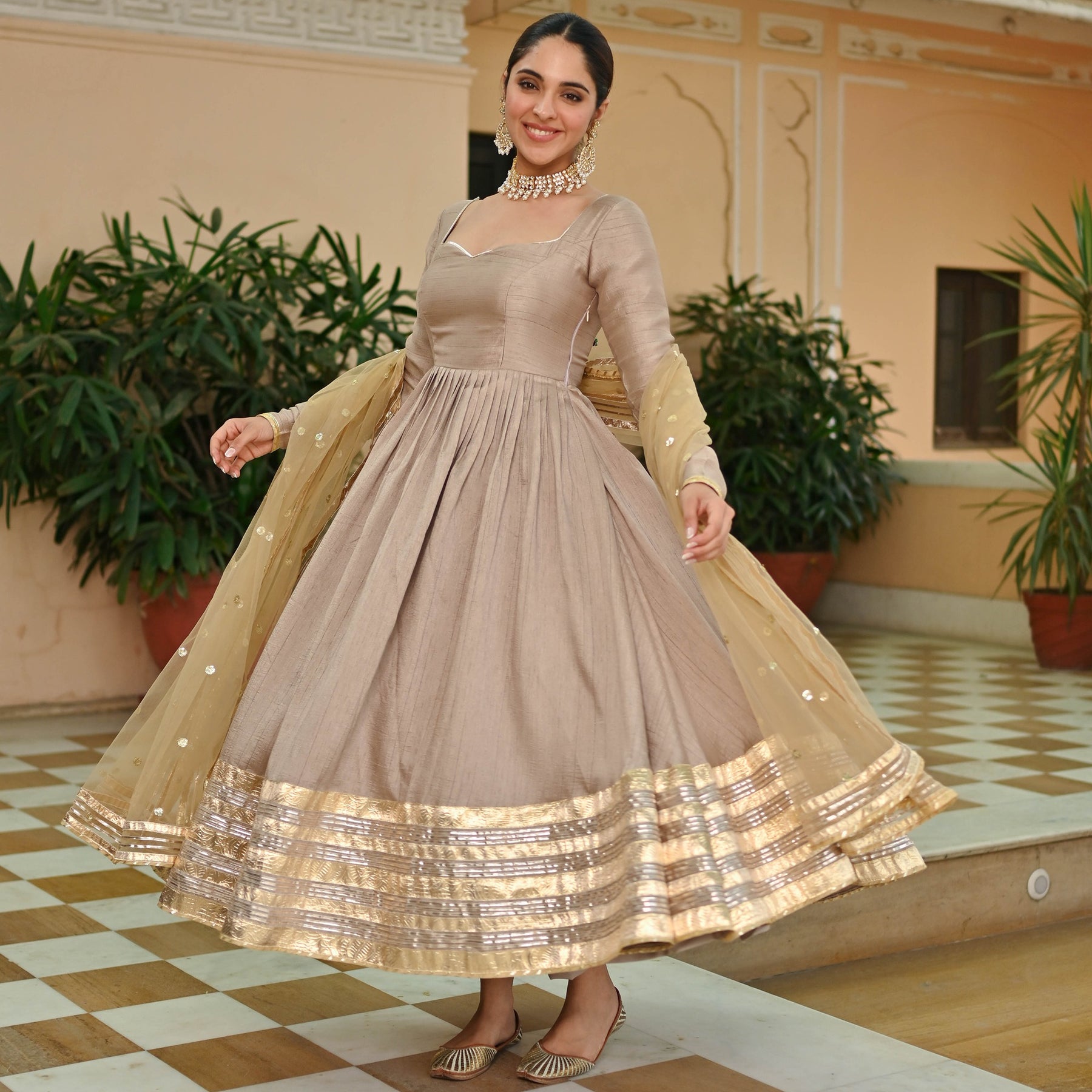 Beige Gold Silk Anarkali set