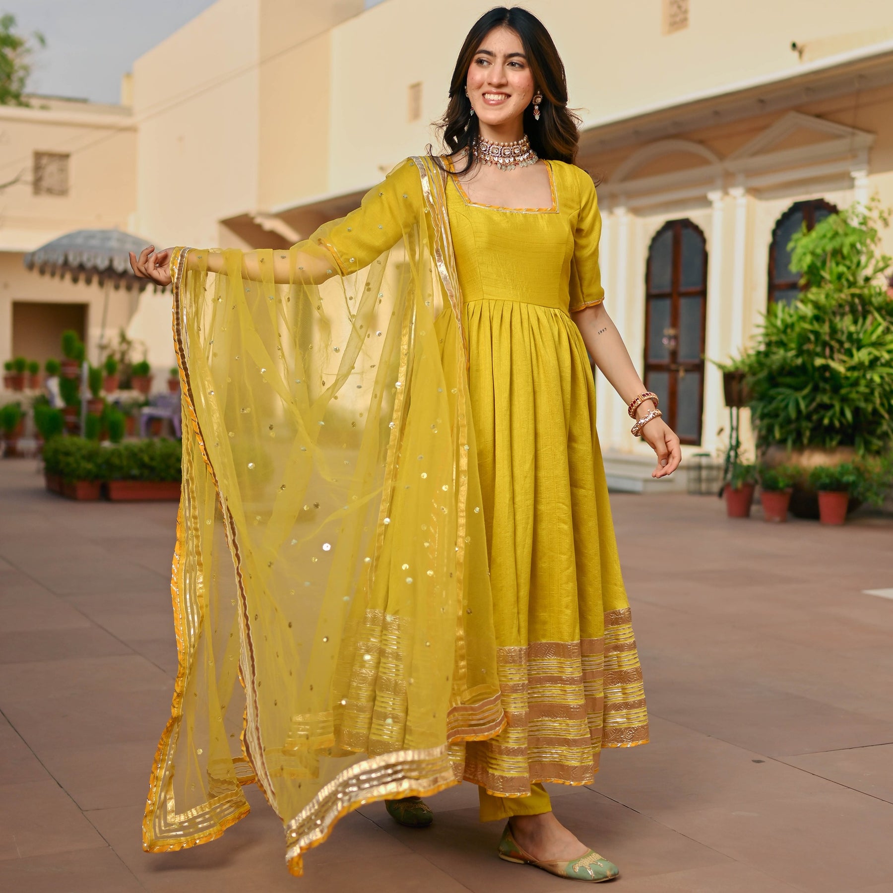 Lemon Green Silk Anarkali set