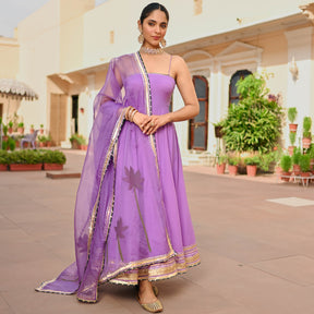 Purple Handbrush Cotton Anarkali Set