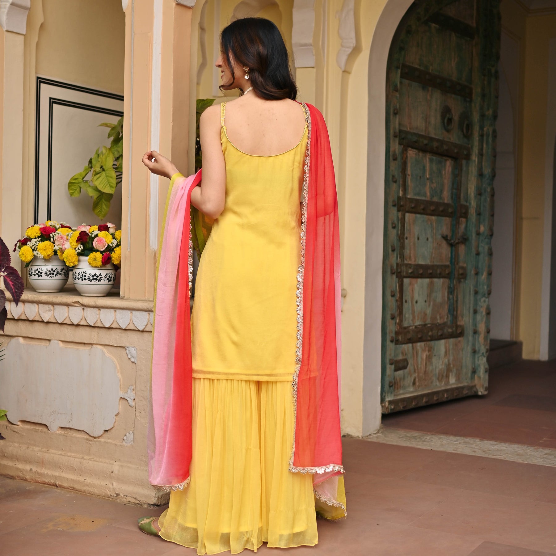 Yellow Pure Chiffon Sharara Set