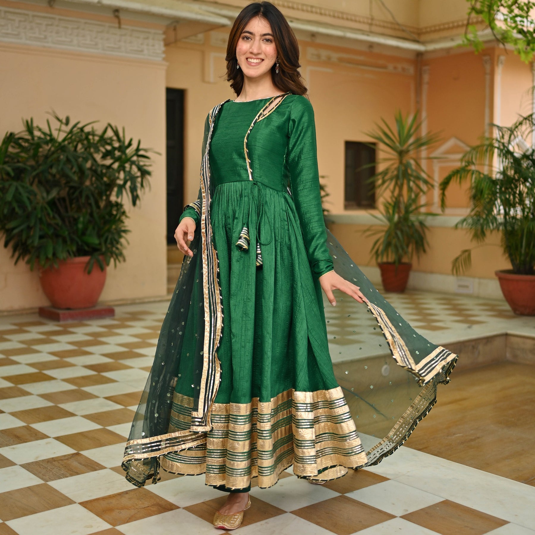 Dark Green Silk Anarkali set