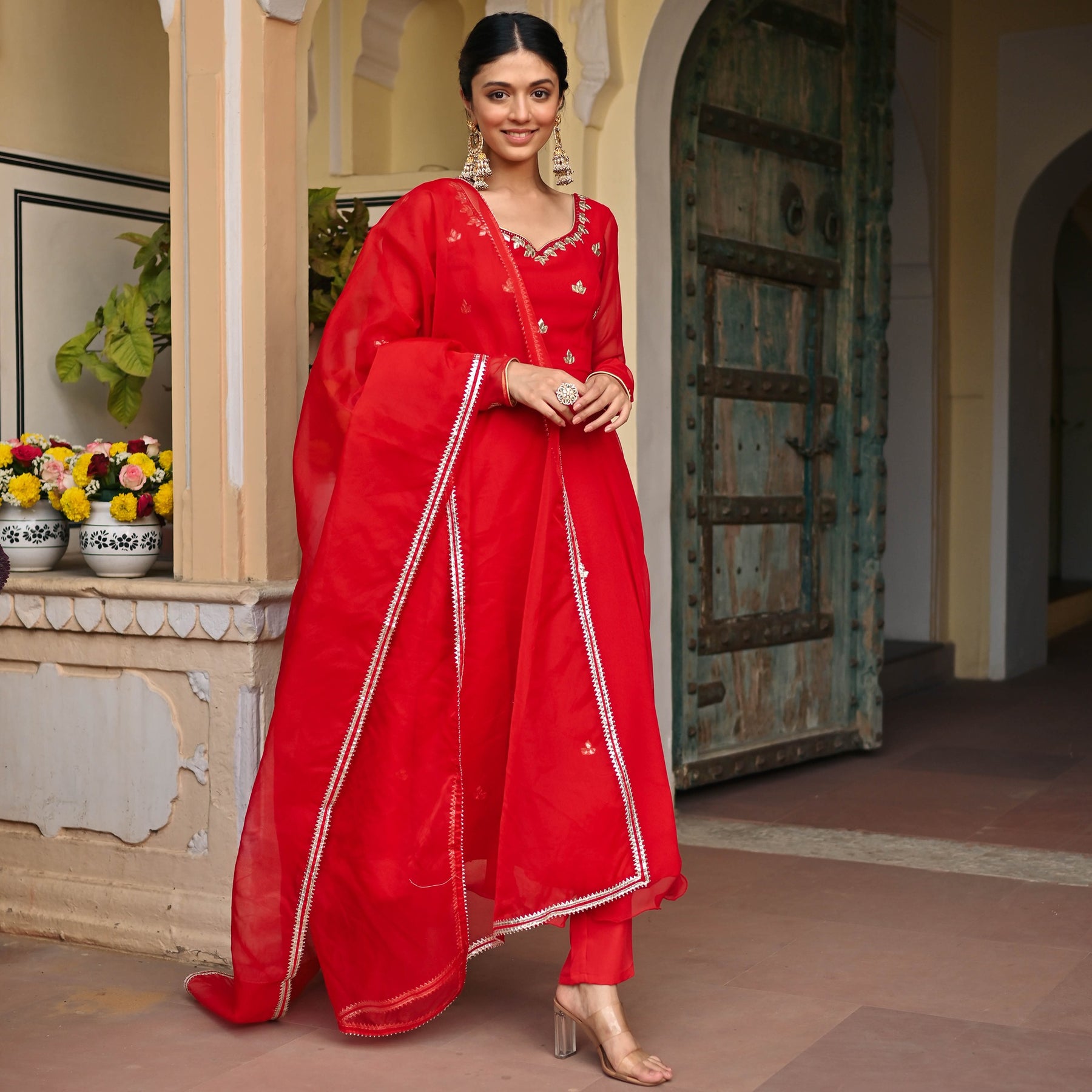 RED GEORGETTE HANDWORK ANARKALI SET