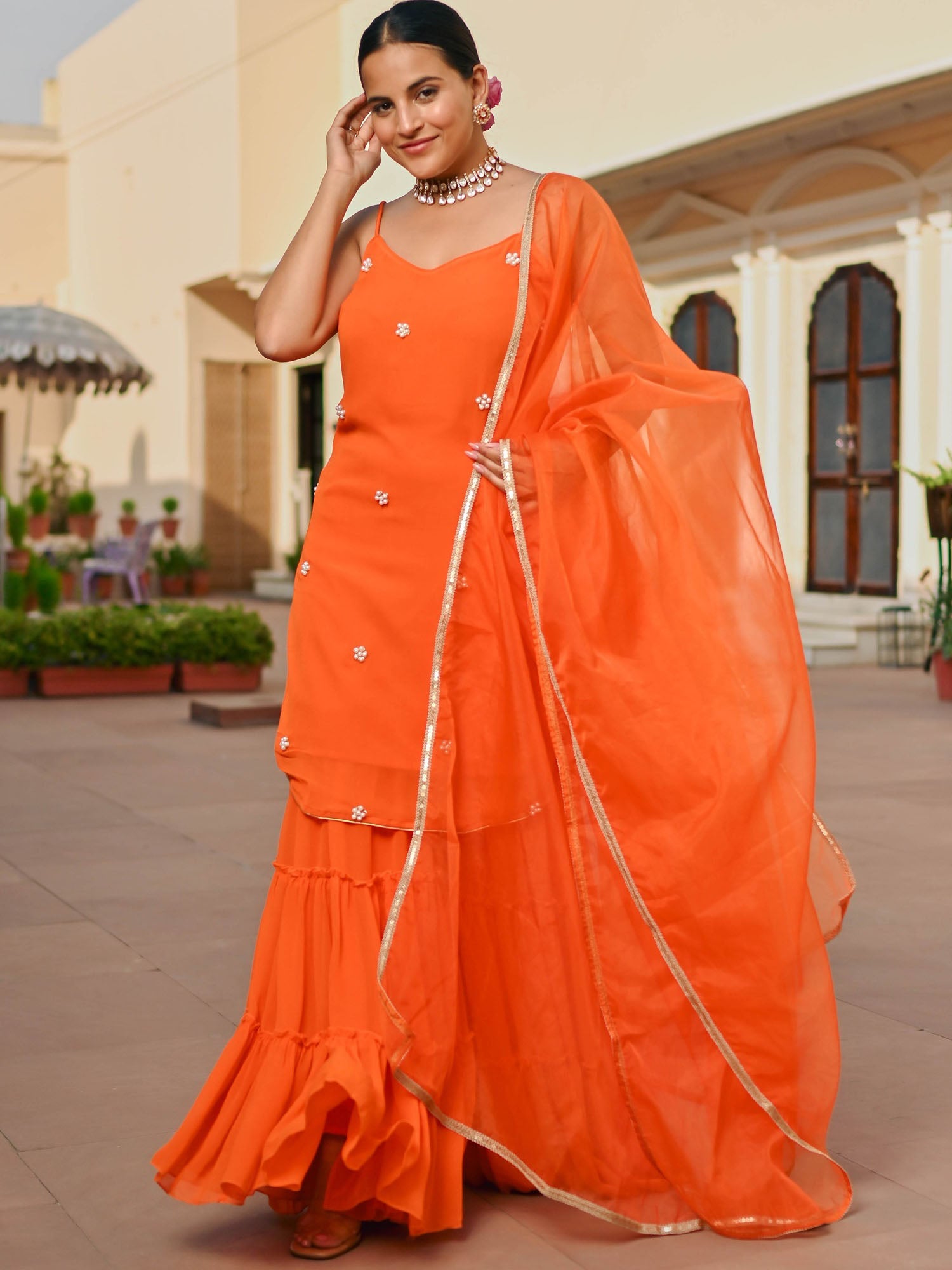 ORANGE GEORGETTE KURTA AND SHARARA SET