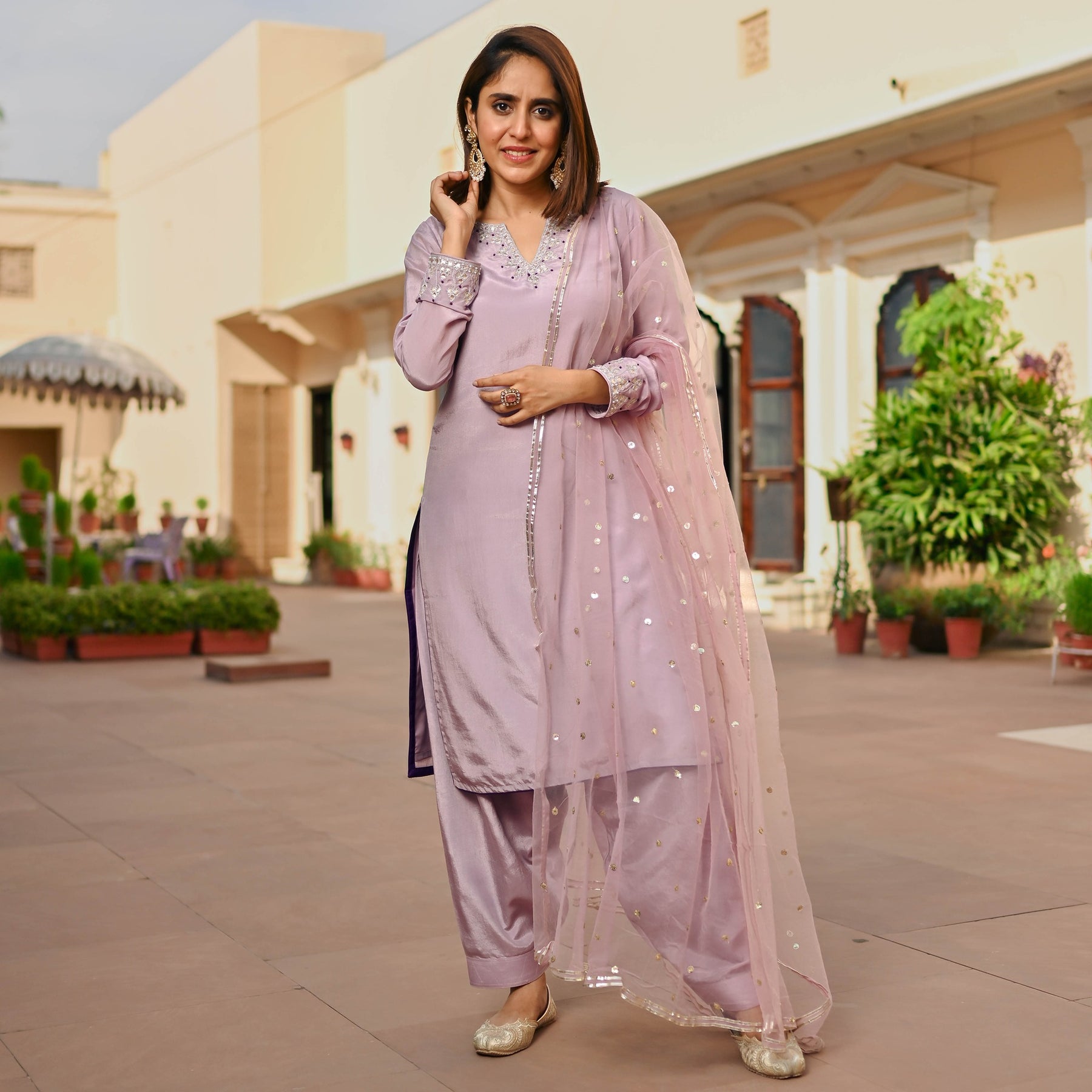 MAUVE SILK KURTA AND SEMI PATIALA SET